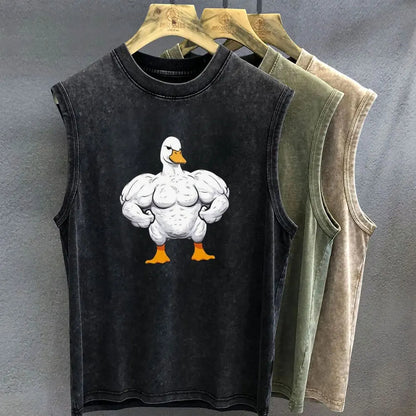 Oversized Vintage Washed Muscle Duck Cartoon Tank Top - Unisex Y2K Gym Sleeveless Vest
